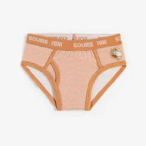 Caleçon brun pâle ligné en coton biologique extensible, enfant
 || Light brown striped brief in stretch organic cotton, child