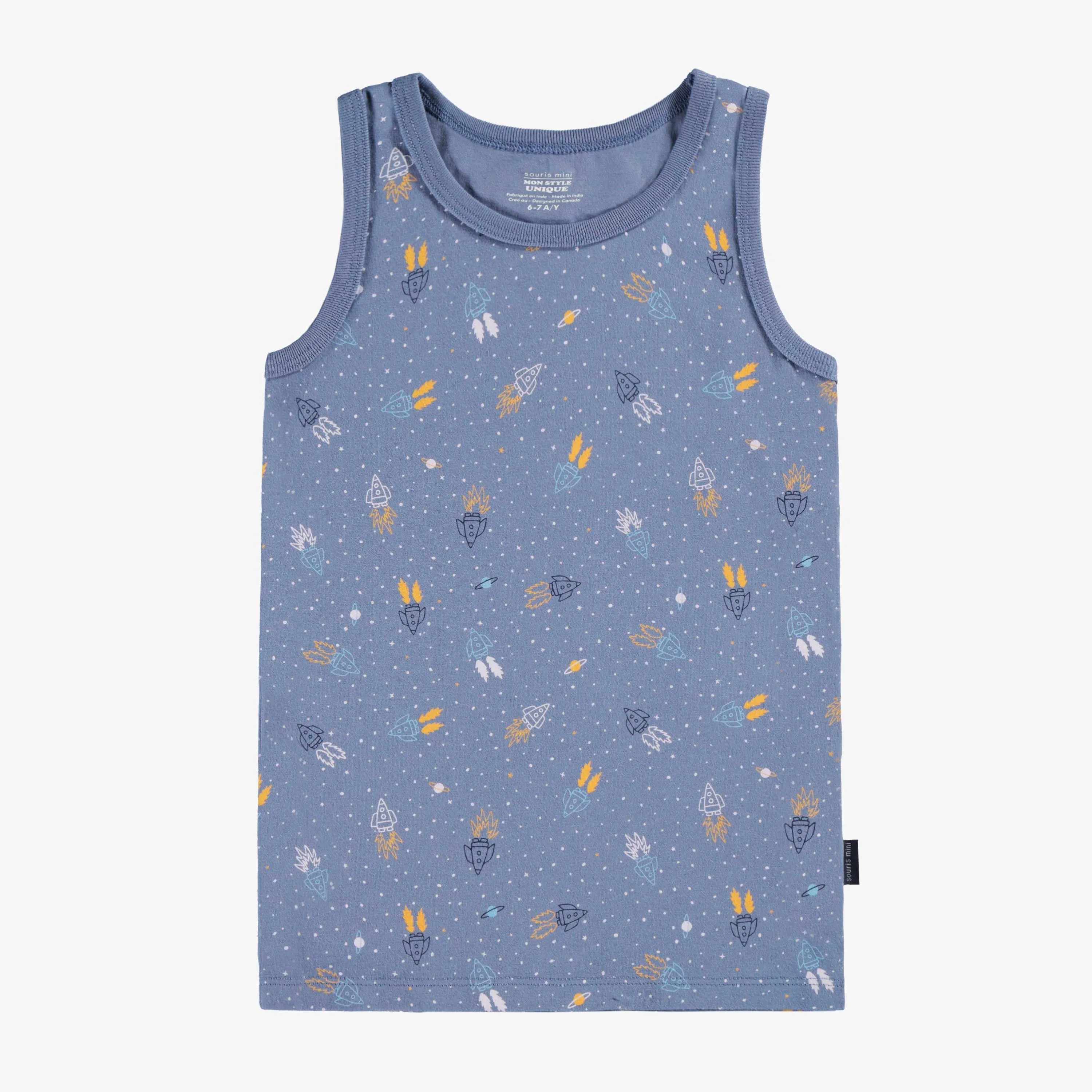 Camisole bleue à motifs de fusées, enfant || Blue camisole with rocket all over print, child