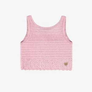 Camisole et veste sans manches rose pâle en maille crochetée, enfant || Soft pink tank top and sleeveless vest in crocheted knit, child