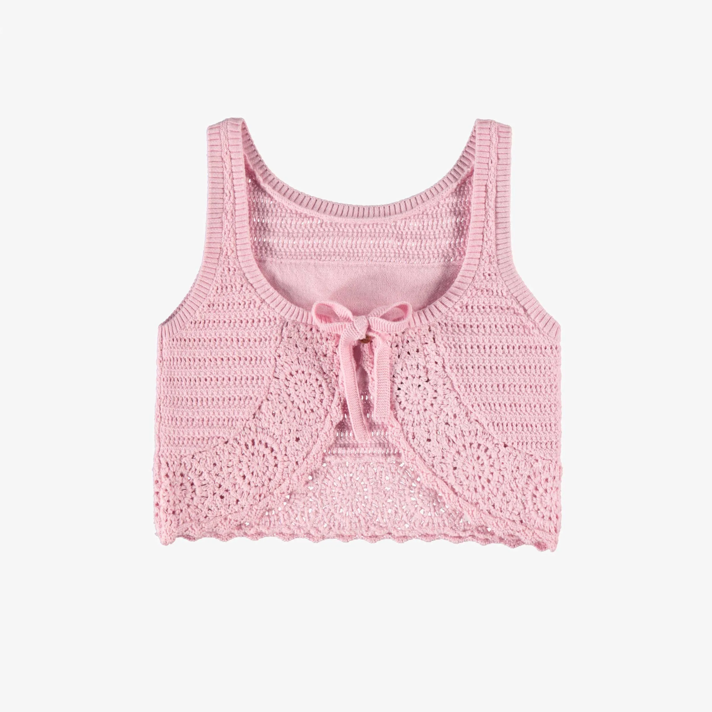 Camisole et veste sans manches rose pâle en maille crochetée, enfant || Soft pink tank top and sleeveless vest in crocheted knit, child