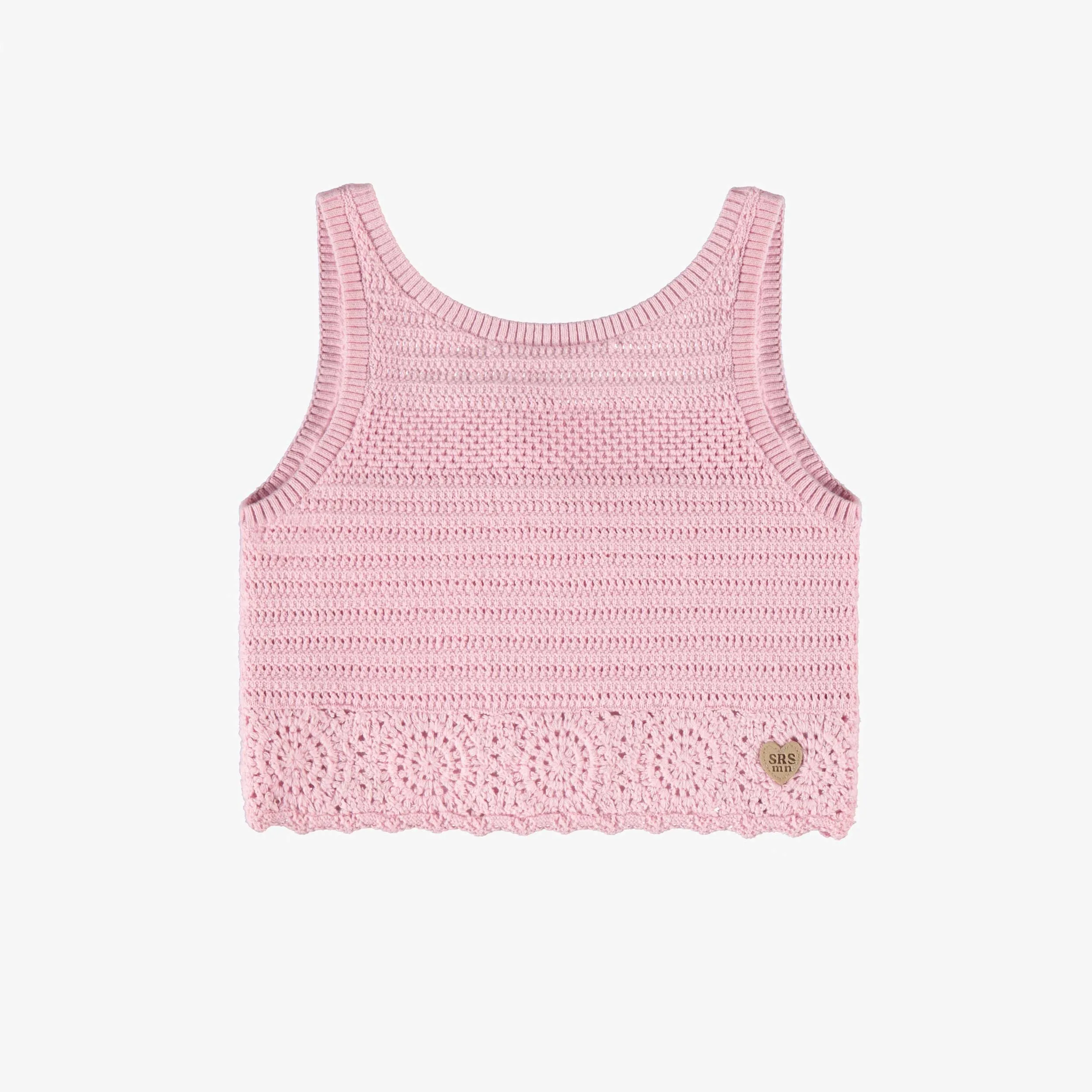 Camisole et veste sans manches rose pâle en maille crochetée, enfant || Soft pink tank top and sleeveless vest in crocheted knit, child