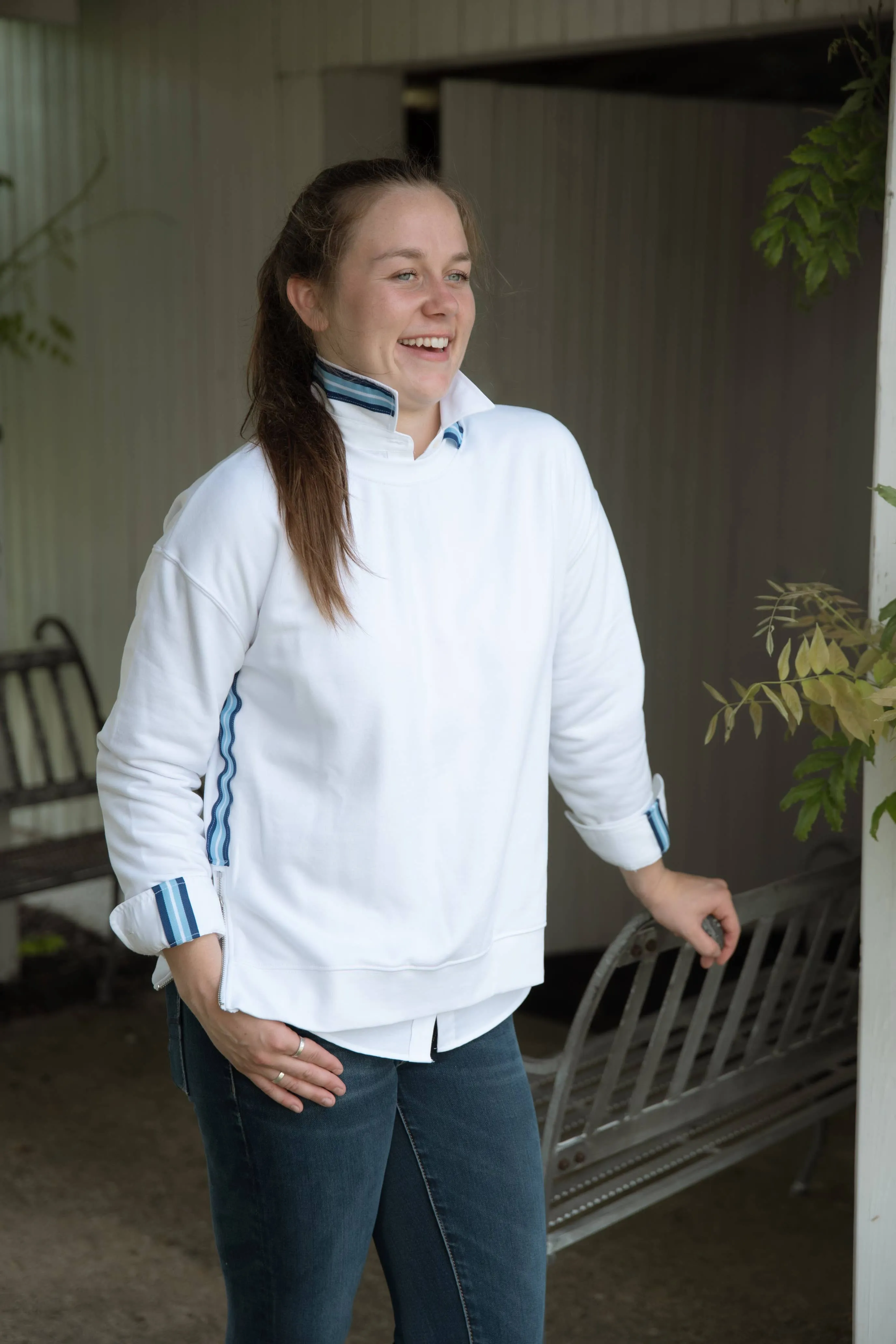 Casie 2 - White Ox w Blue & Lt. Blue Stripe Ribbon: White w Blue & Lt. Blue Stripe Ribbon / L