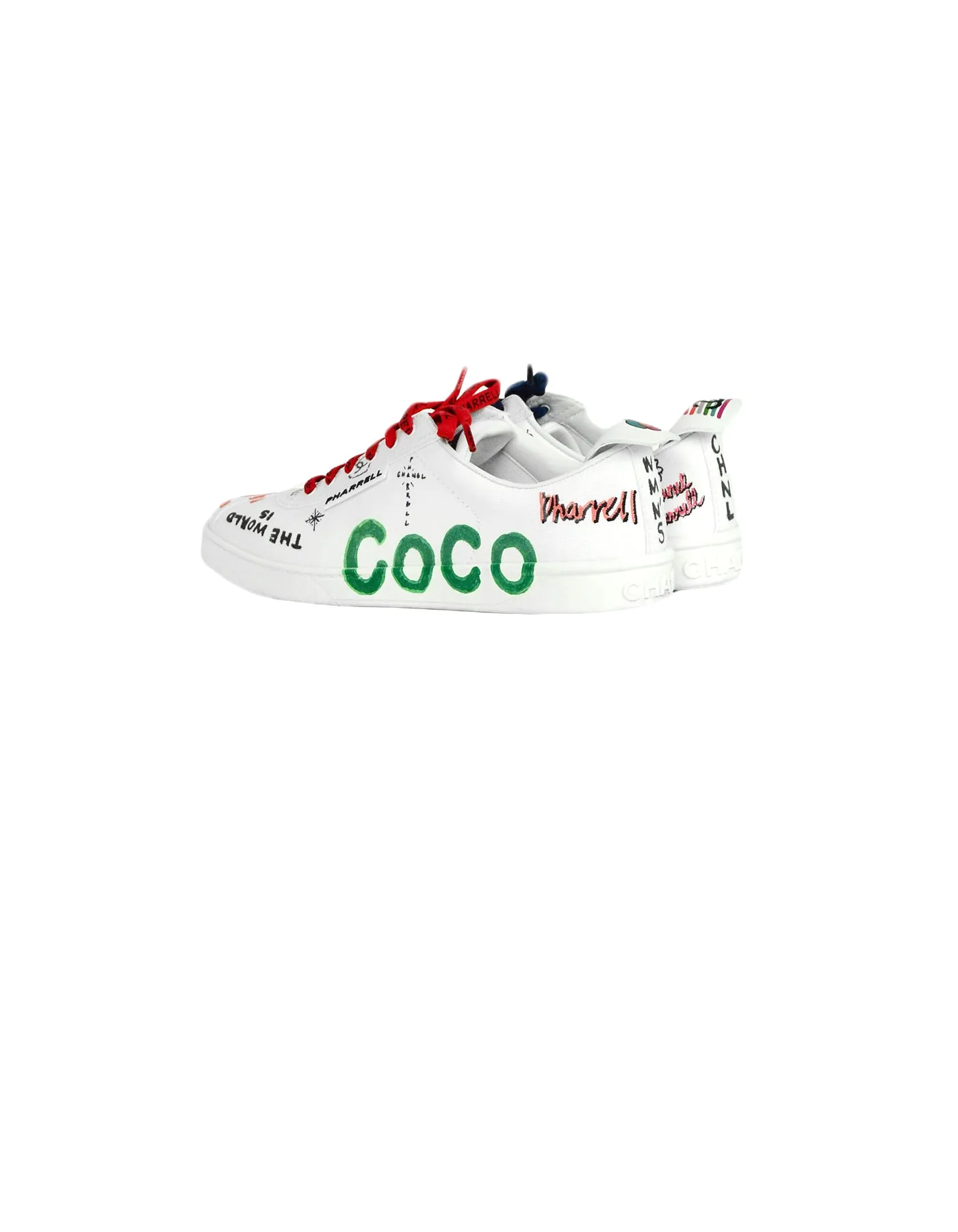 Chanel 2019 White Canvas & Calfskin Leather Pharrell Williams Graffiti Sneakers sz 39