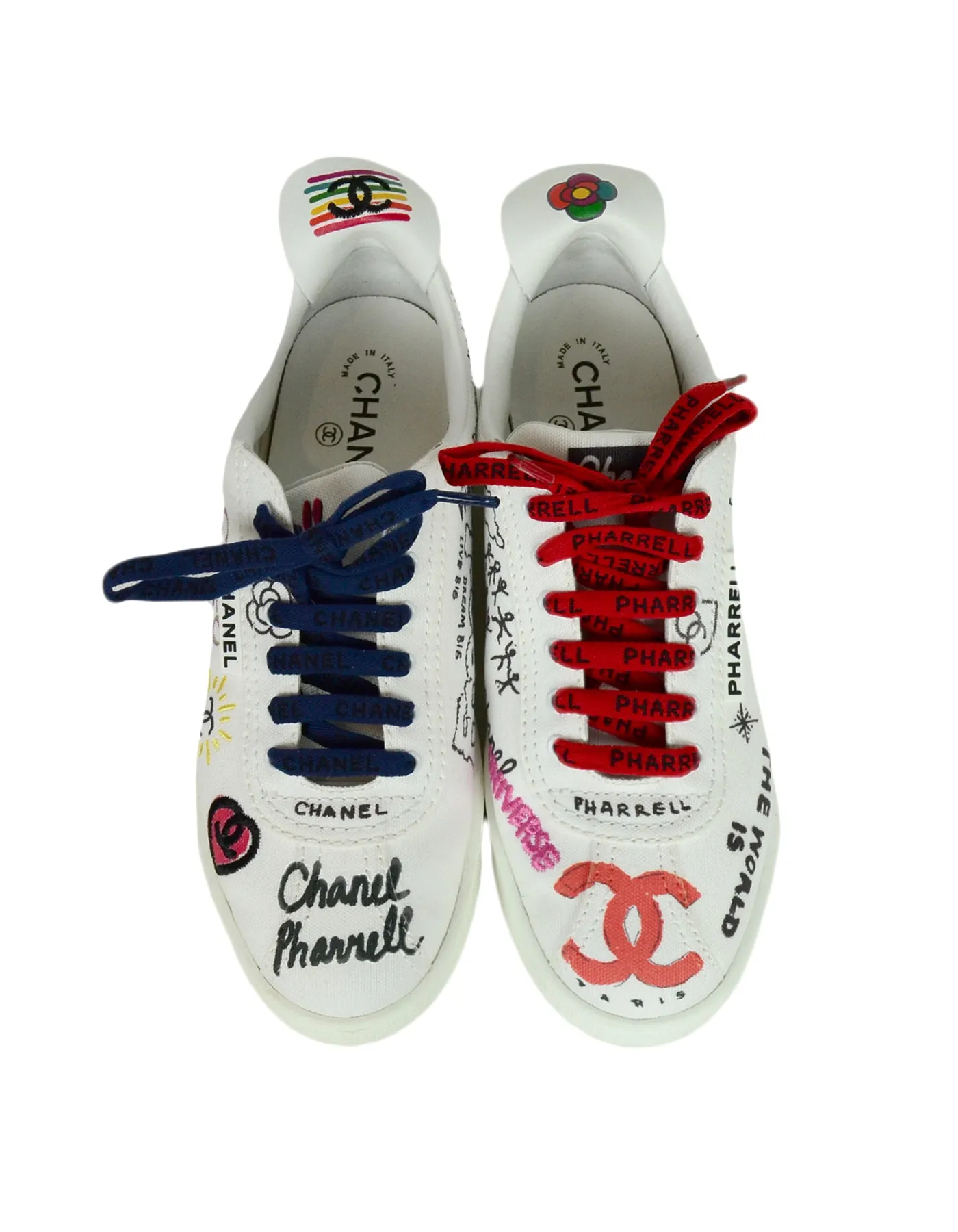 Chanel 2019 White Canvas & Calfskin Leather Pharrell Williams Graffiti Sneakers sz 39