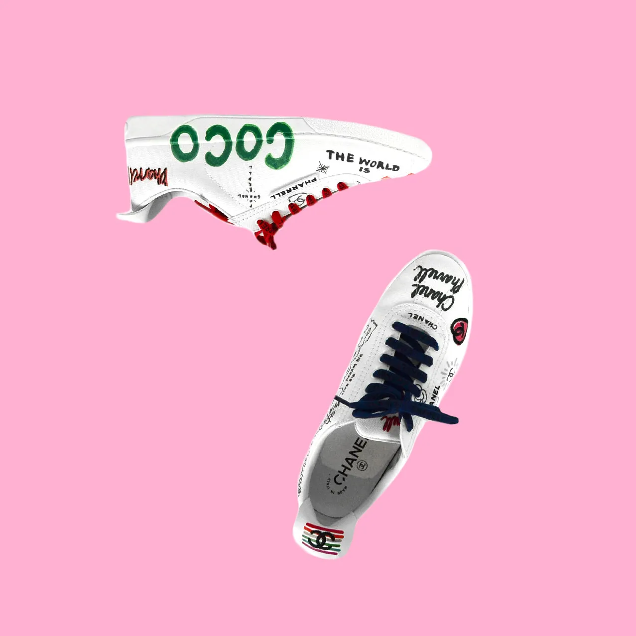 Chanel 2019 White Canvas & Calfskin Leather Pharrell Williams Graffiti Sneakers sz 39