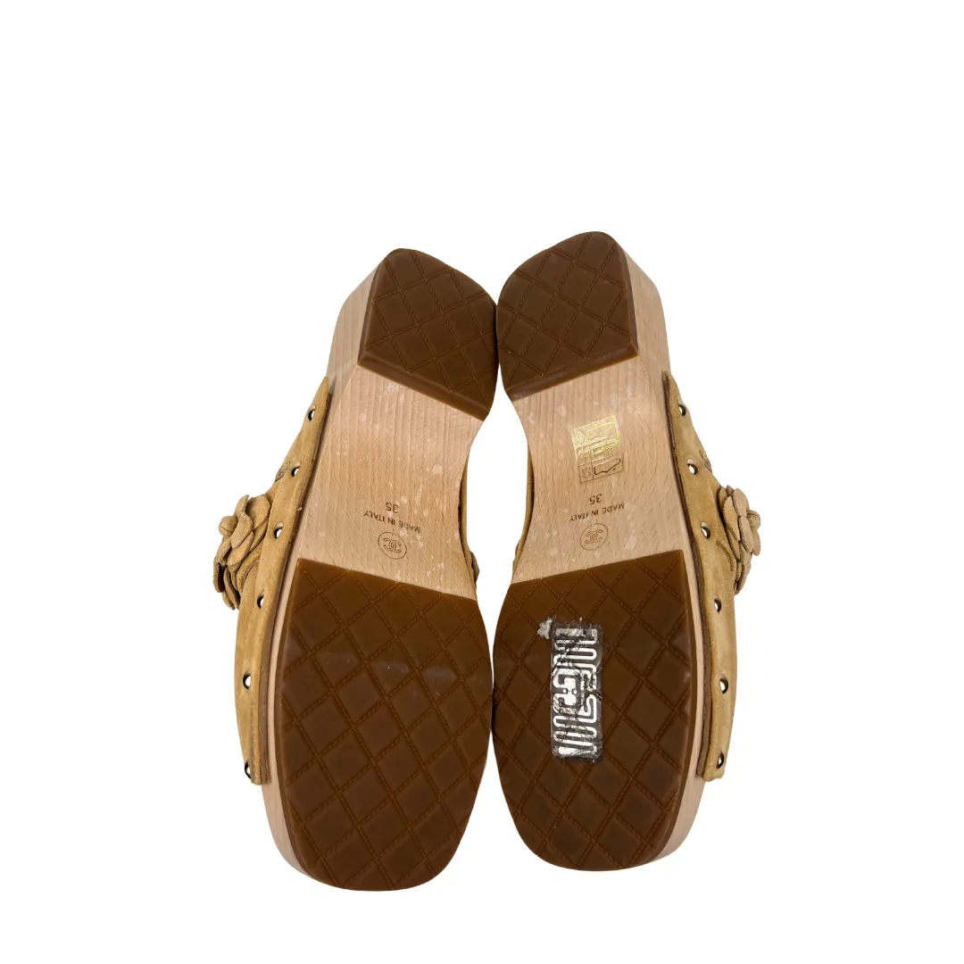 Chanel Suede Calfskin Camellia Mules - Size 35