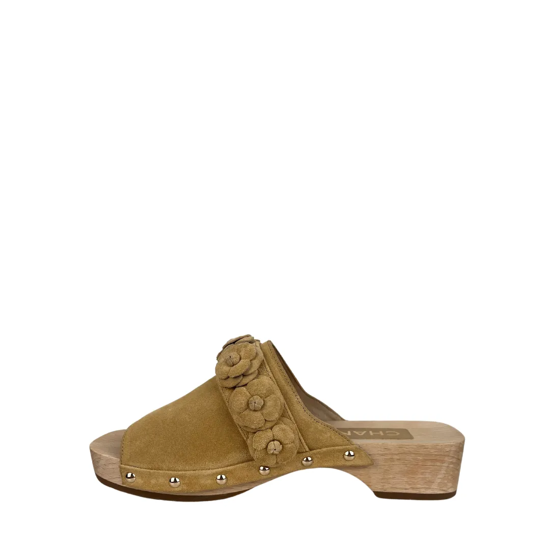 Chanel Suede Calfskin Camellia Mules - Size 35