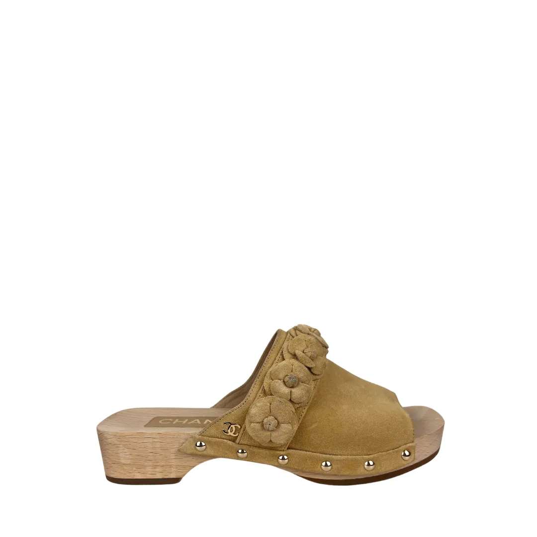 Chanel Suede Calfskin Camellia Mules - Size 35