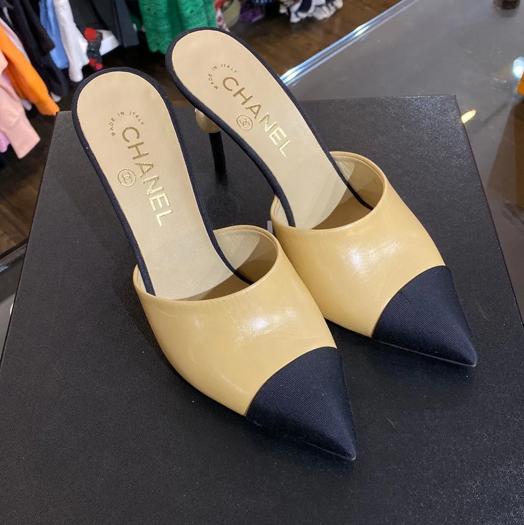 CHANEL Tan Leather with Pointed Toe Grosgrain and Pearl Detail
