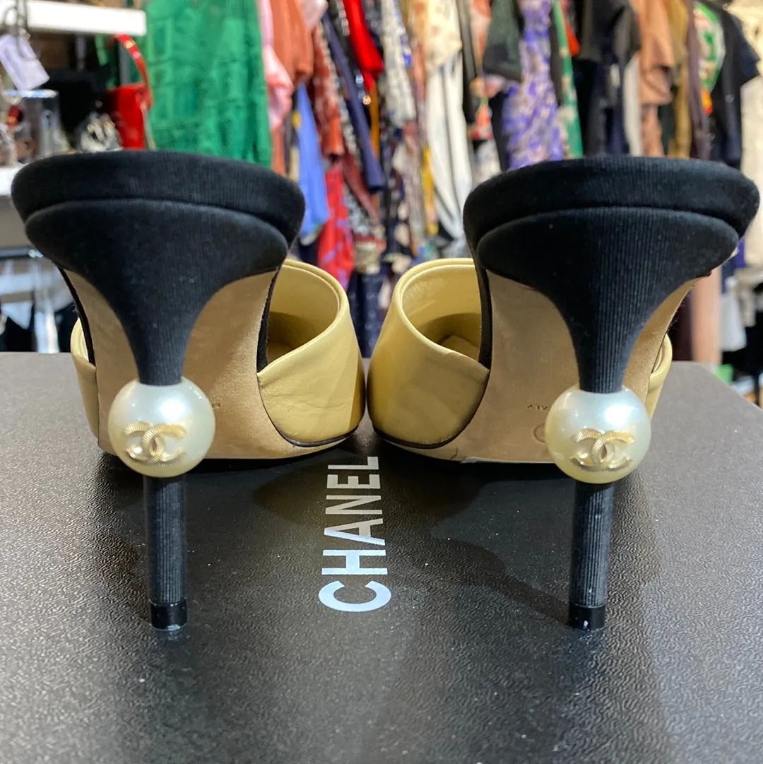 CHANEL Tan Leather with Pointed Toe Grosgrain and Pearl Detail