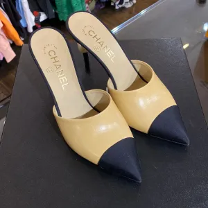 CHANEL Tan Leather with Pointed Toe Grosgrain and Pearl Detail