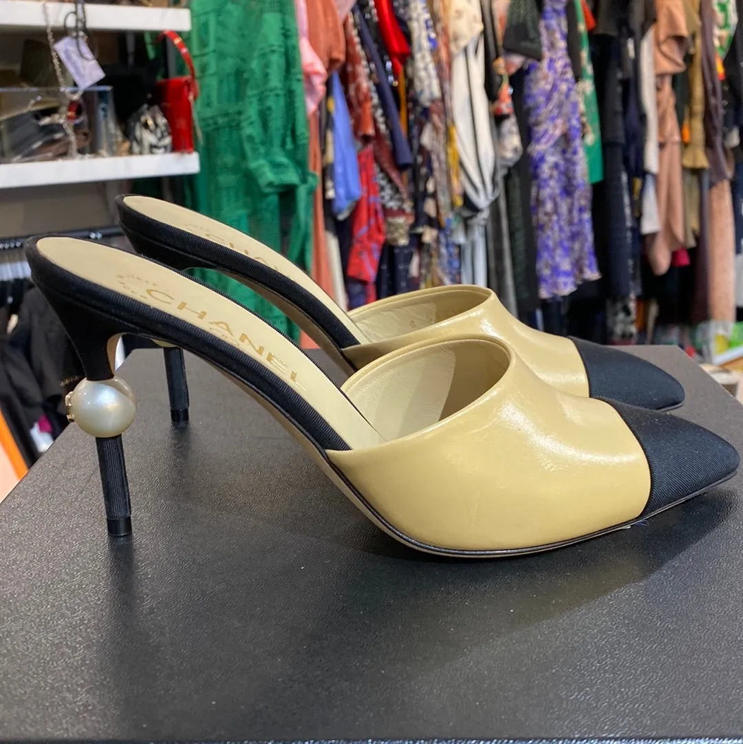 CHANEL Tan Leather with Pointed Toe Grosgrain and Pearl Detail