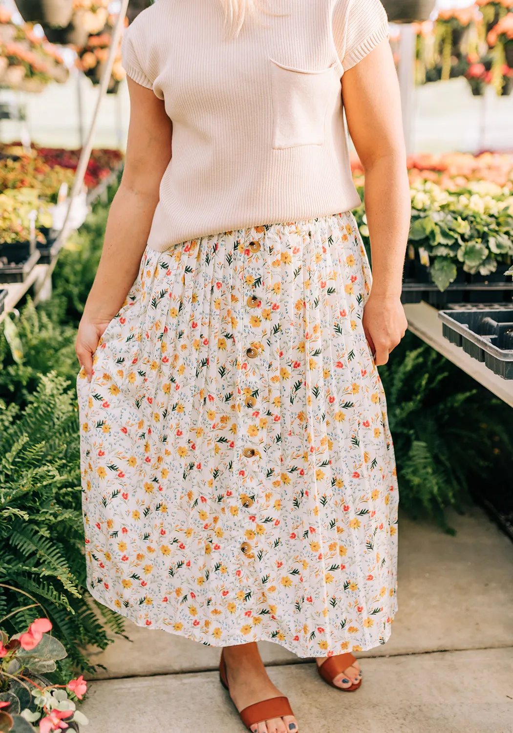 'Charlotte' Floral Print Pleated Button Front Midi Skirt