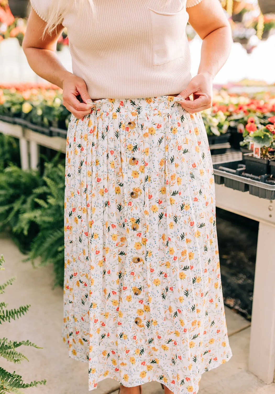 'Charlotte' Floral Print Pleated Button Front Midi Skirt