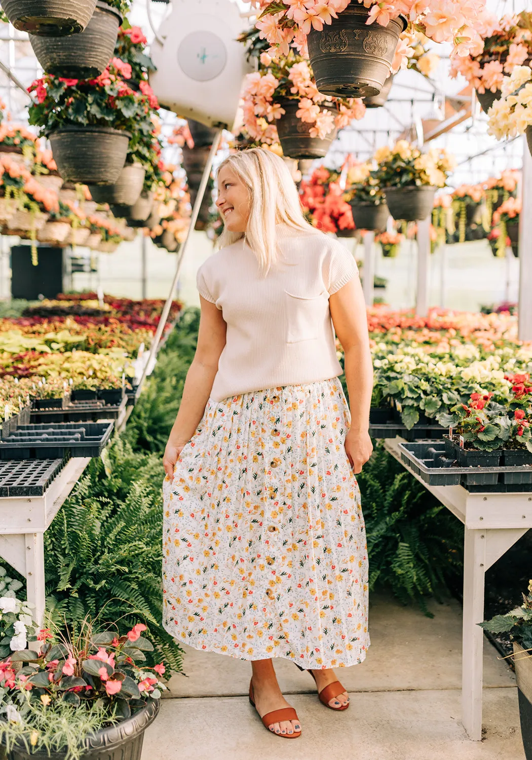 'Charlotte' Floral Print Pleated Button Front Midi Skirt