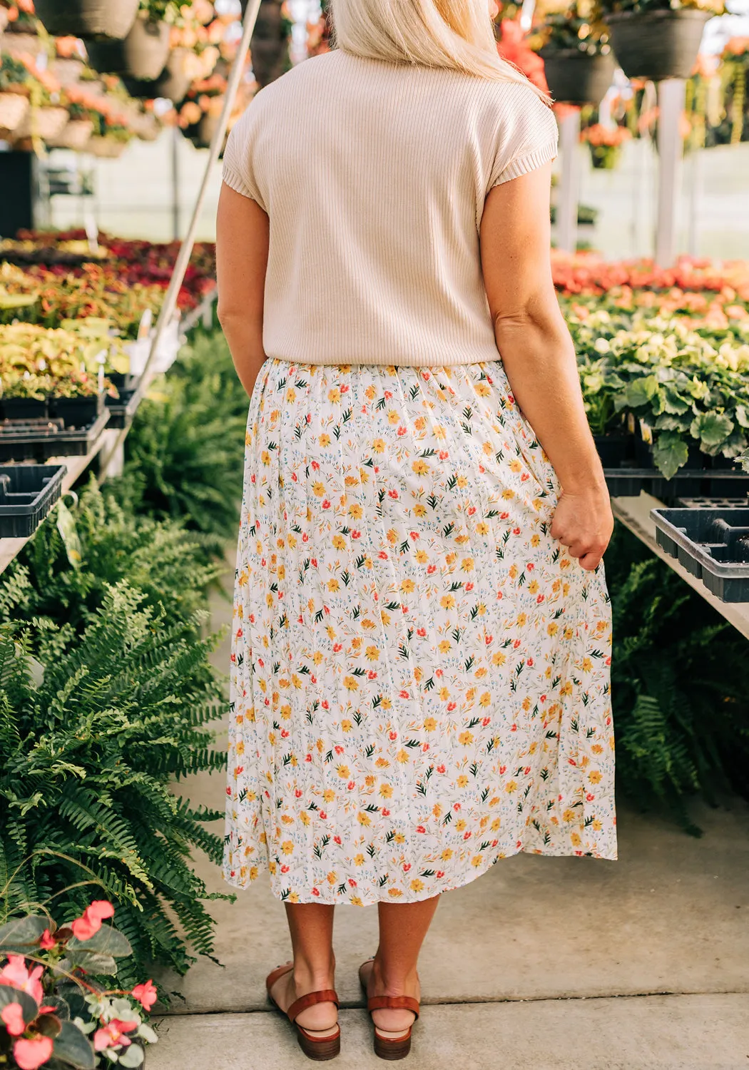 'Charlotte' Floral Print Pleated Button Front Midi Skirt