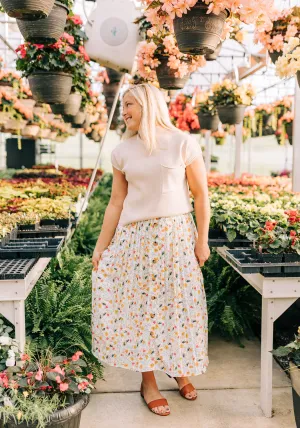 'Charlotte' Floral Print Pleated Button Front Midi Skirt