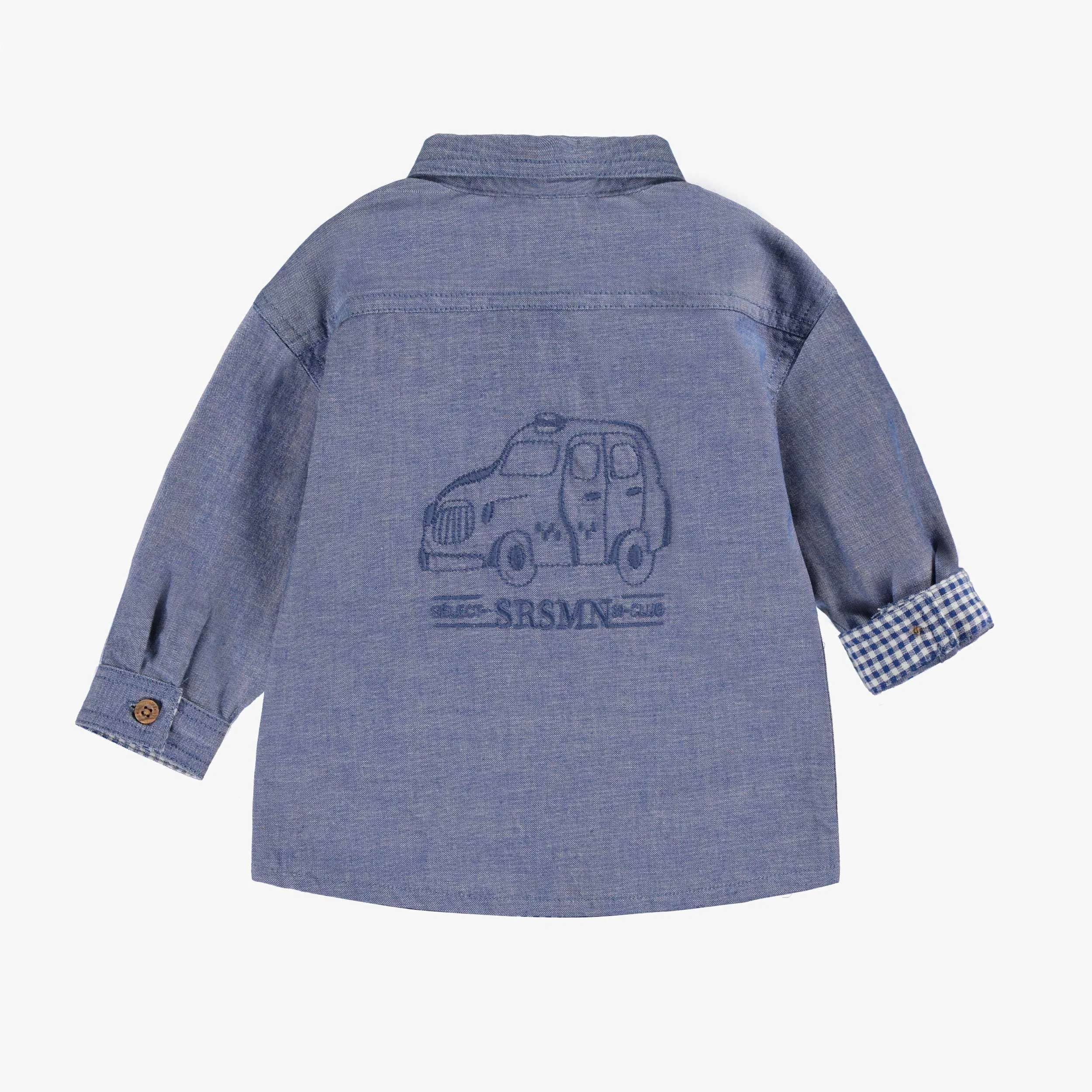 Chemise bleu chiné en coton chambray, bébé || Mottled blue shirt in chambray cotton, baby