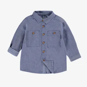 Chemise bleu chiné en coton chambray, bébé || Mottled blue shirt in chambray cotton, baby