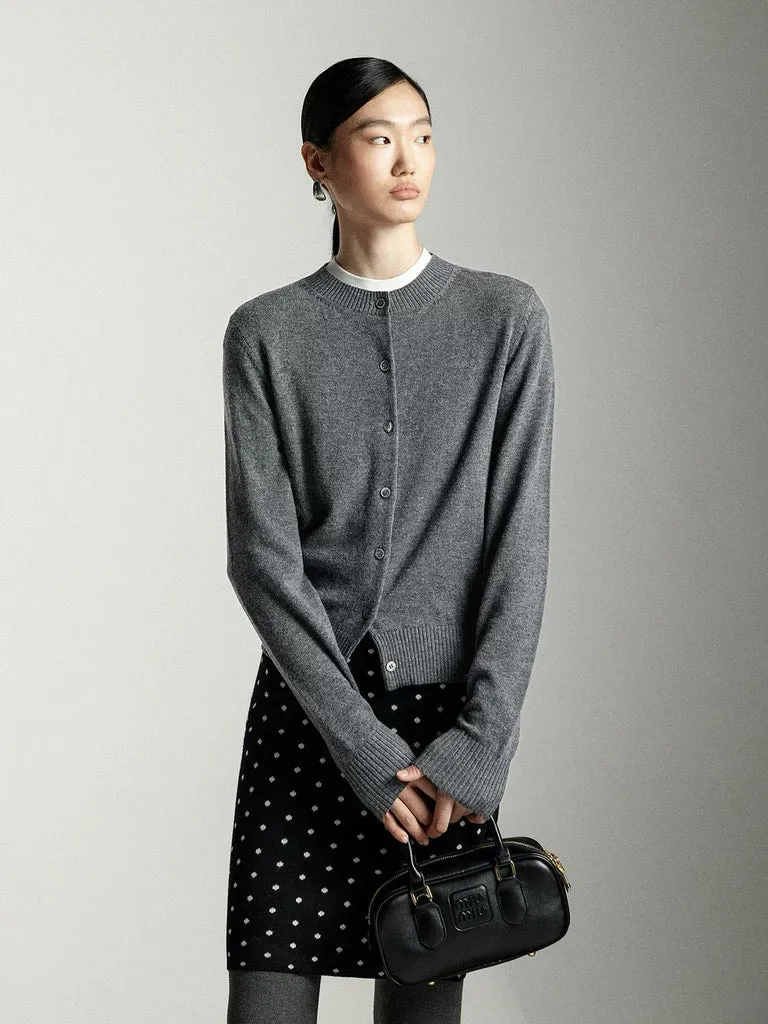 Classic Wool Blend Round Neck Cardigan in Grey