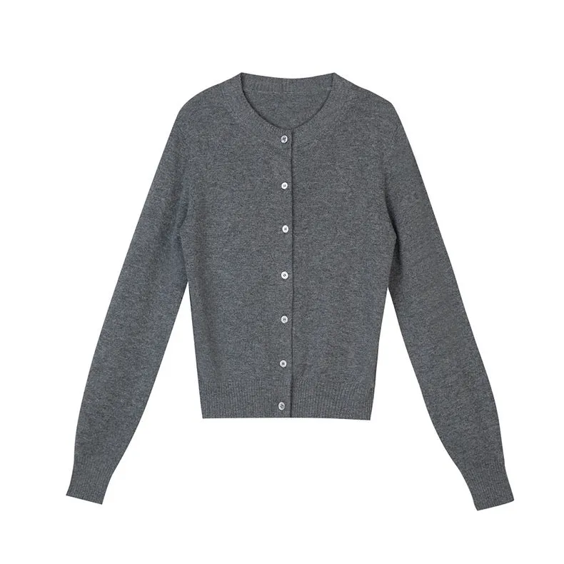 Classic Wool Blend Round Neck Cardigan in Grey