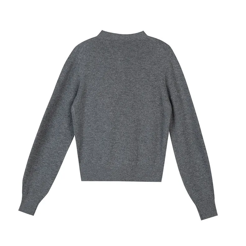 Classic Wool Blend Round Neck Cardigan in Grey