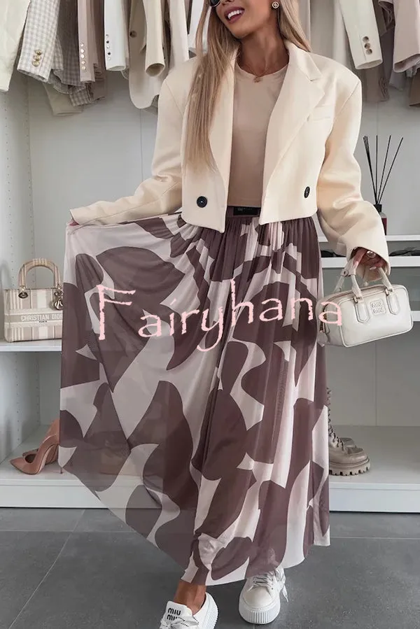 Colorblock Print Elastic Waist Relaxed Tulle Maxi Skirt
