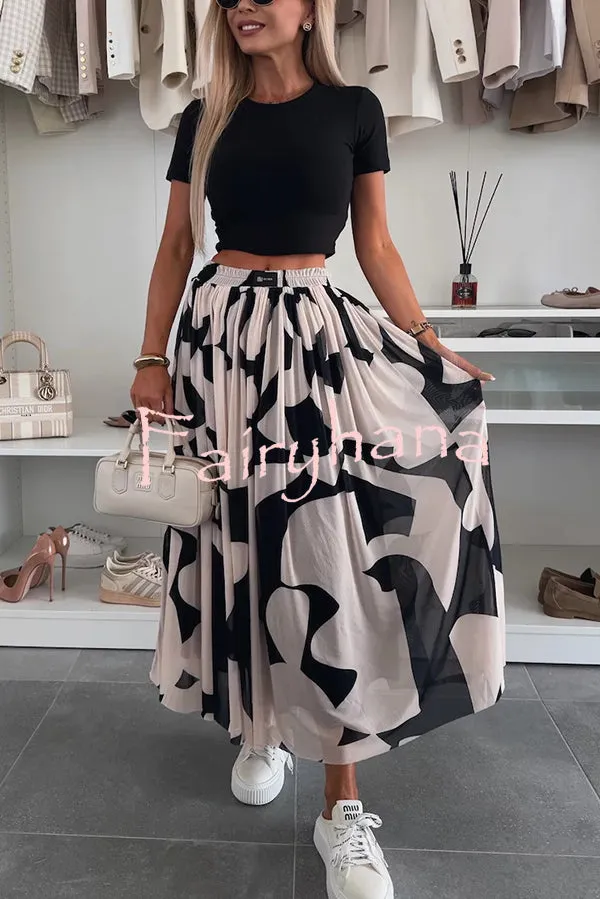 Colorblock Print Elastic Waist Relaxed Tulle Maxi Skirt