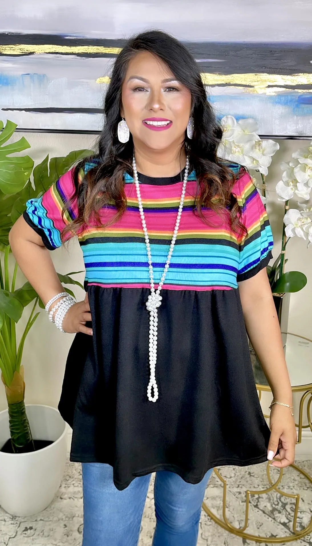 Colorful Stripe, Black baby doll top