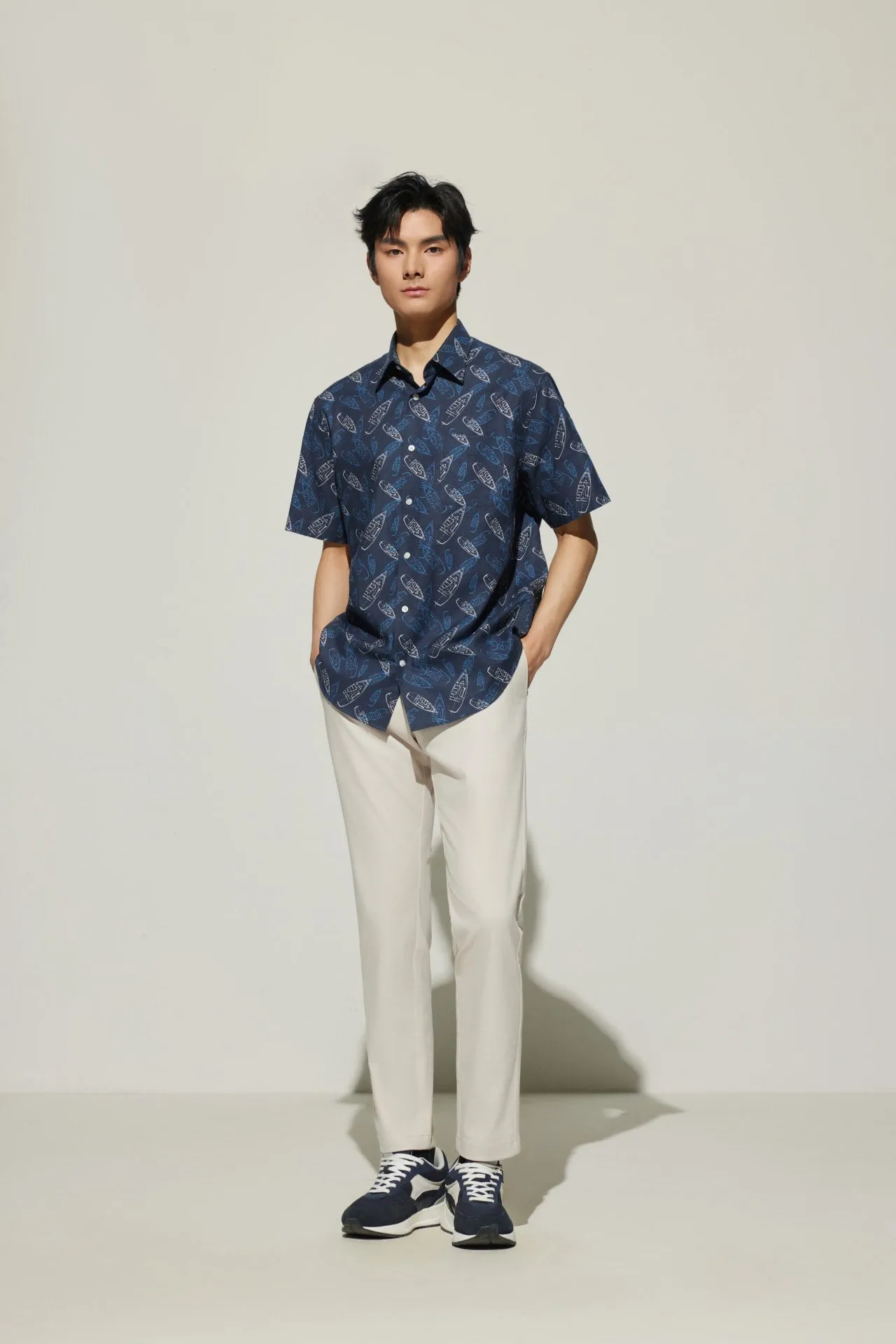 Cotton Oxford Boat Digital Print Comfort Fit Short Sleeve Casual Shirt