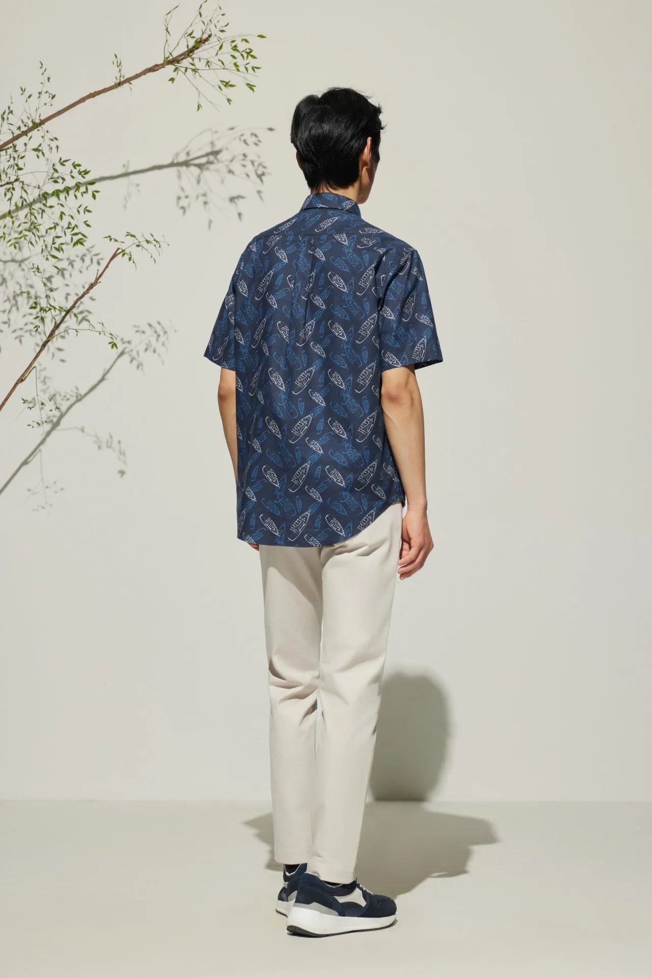 Cotton Oxford Boat Digital Print Comfort Fit Short Sleeve Casual Shirt