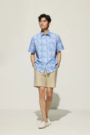 Cotton Oxford Boat Digital Print Comfort Fit Short Sleeve Casual Shirt
