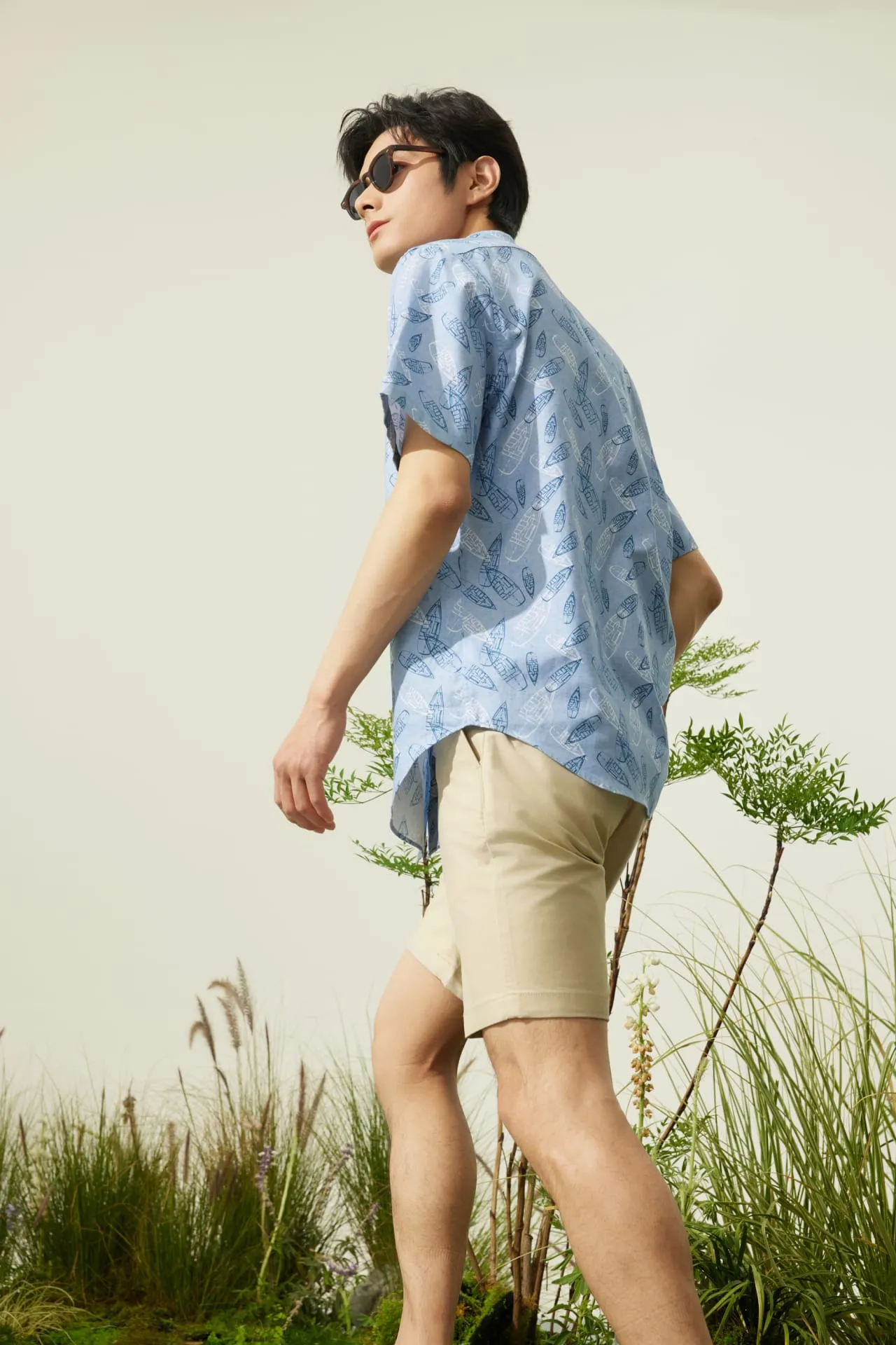 Cotton Oxford Boat Digital Print Comfort Fit Short Sleeve Casual Shirt