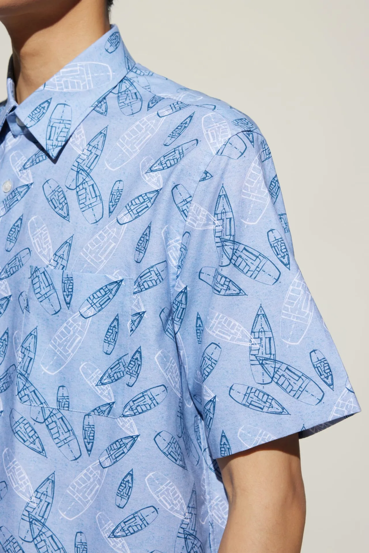 Cotton Oxford Boat Digital Print Comfort Fit Short Sleeve Casual Shirt
