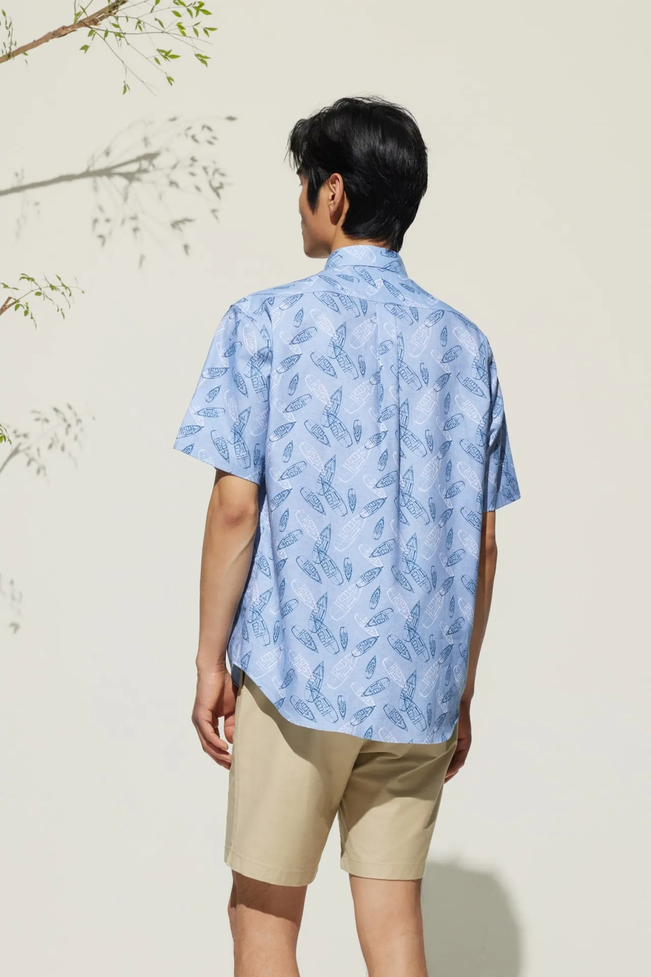 Cotton Oxford Boat Digital Print Comfort Fit Short Sleeve Casual Shirt