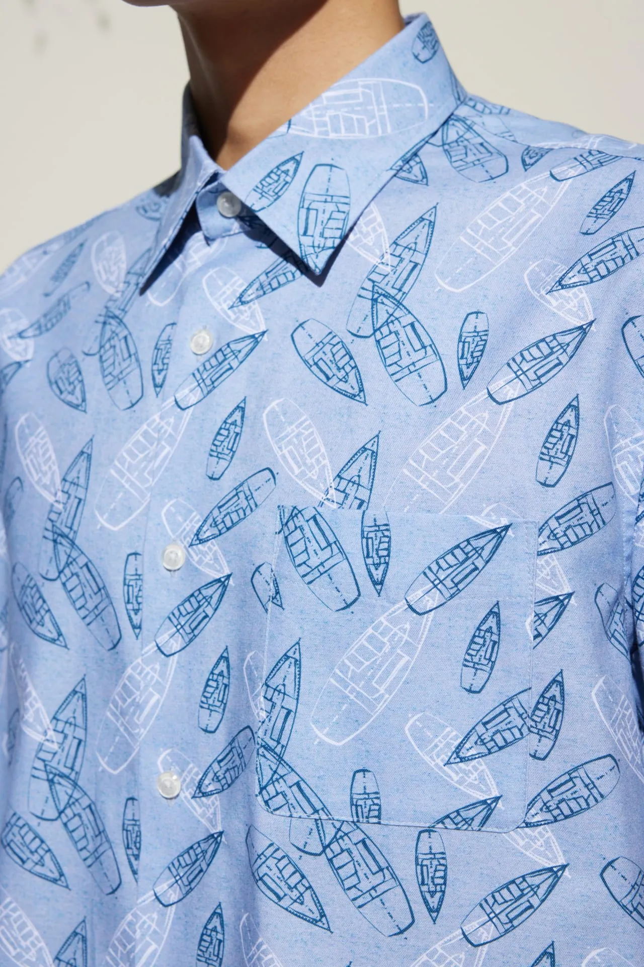 Cotton Oxford Boat Digital Print Comfort Fit Short Sleeve Casual Shirt