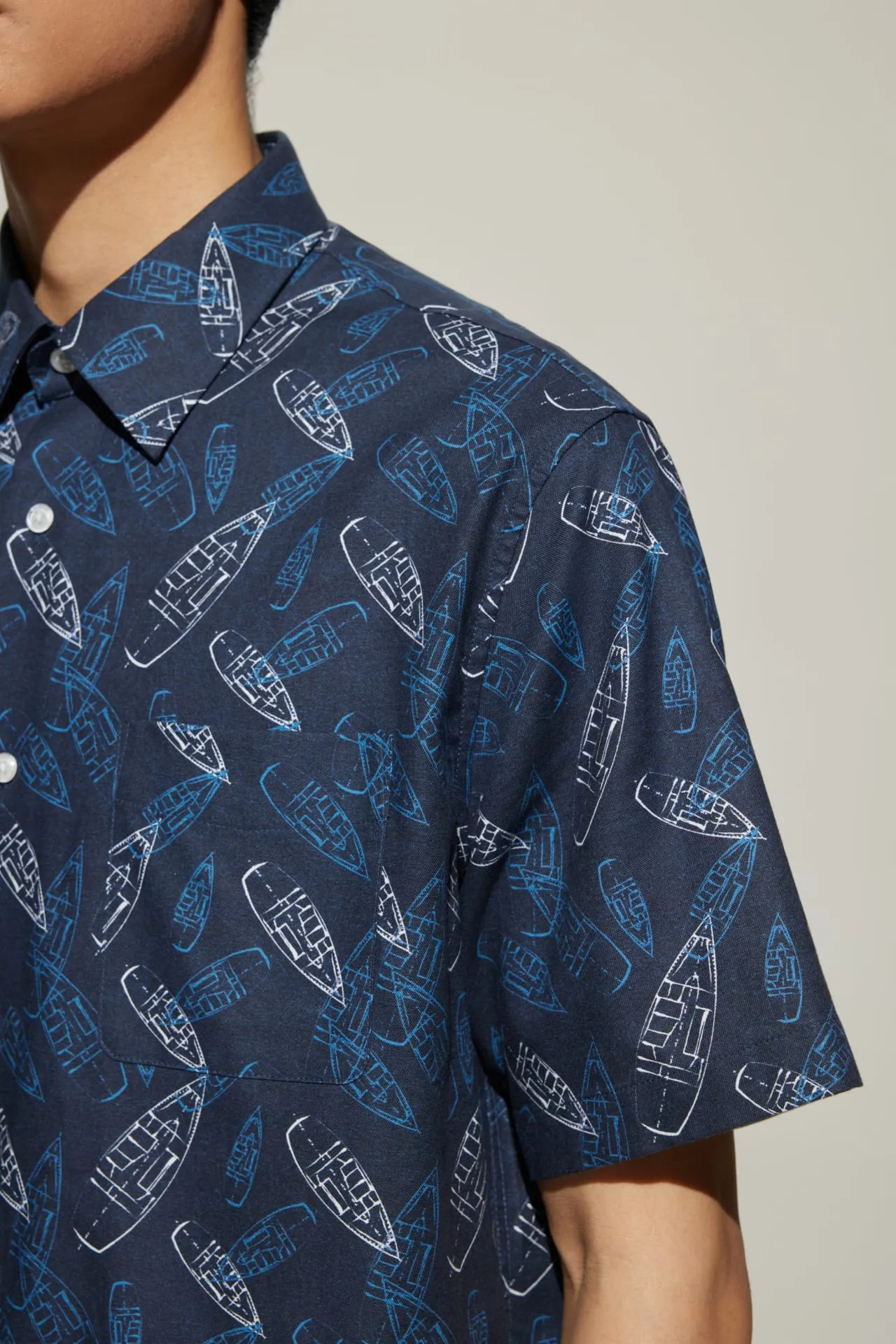 Cotton Oxford Boat Digital Print Comfort Fit Short Sleeve Casual Shirt