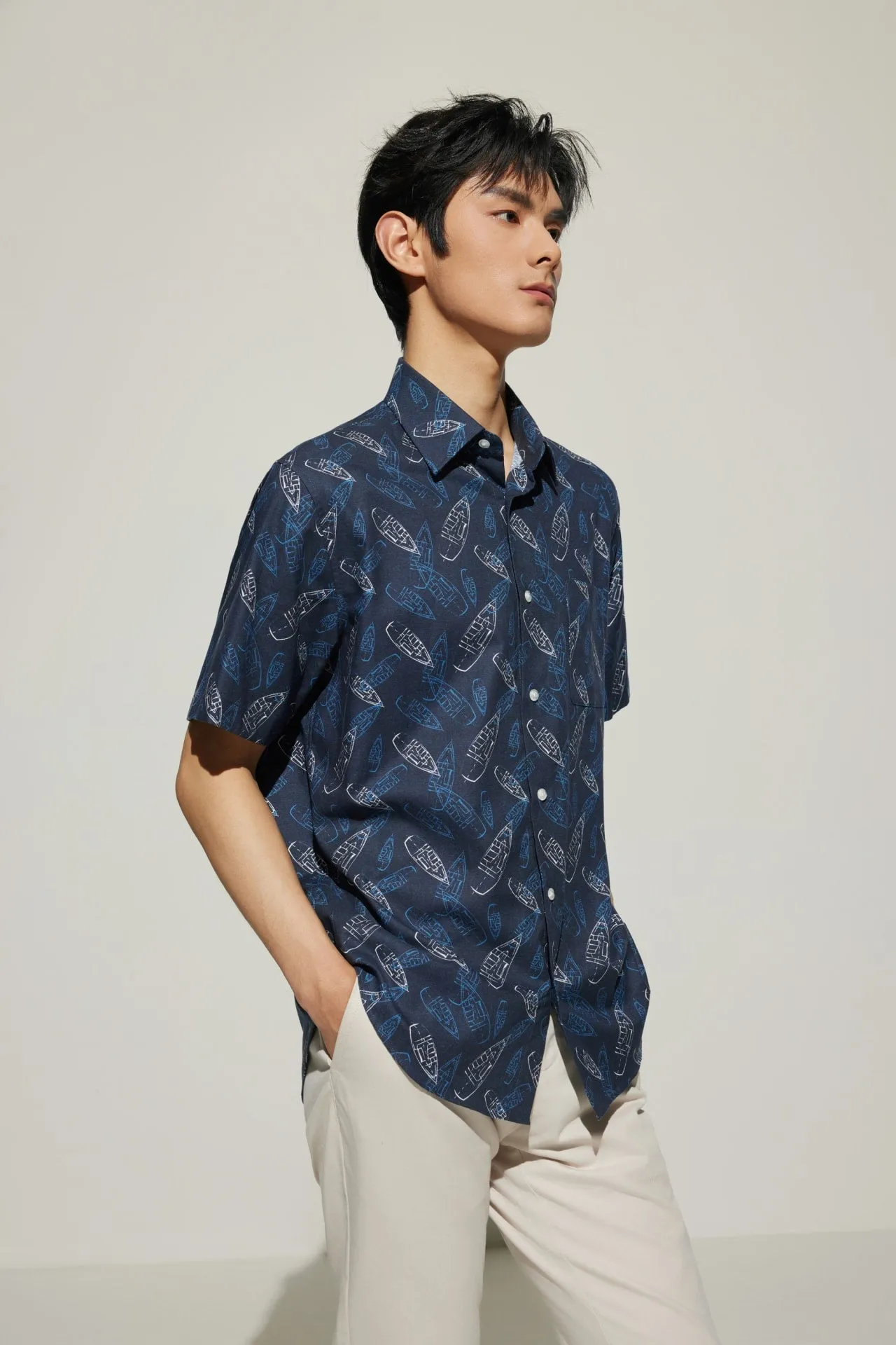 Cotton Oxford Boat Digital Print Comfort Fit Short Sleeve Casual Shirt
