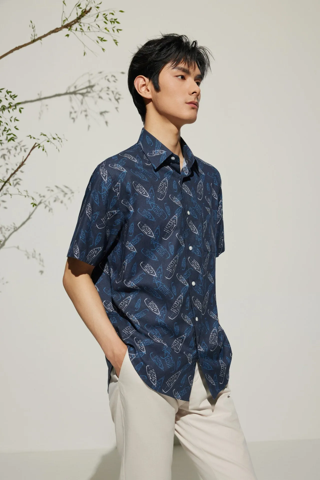 Cotton Oxford Boat Digital Print Comfort Fit Short Sleeve Casual Shirt