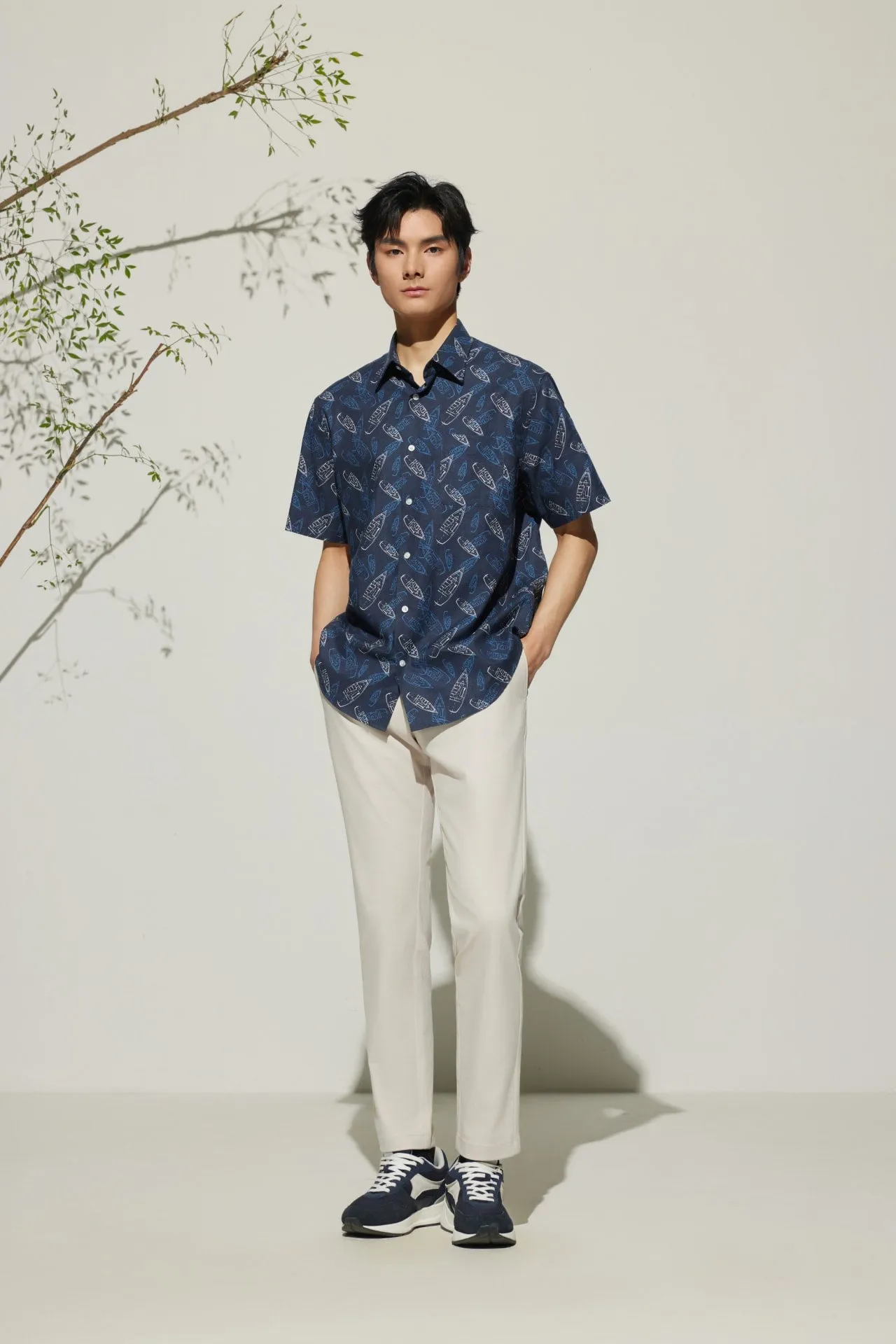 Cotton Oxford Boat Digital Print Comfort Fit Short Sleeve Casual Shirt