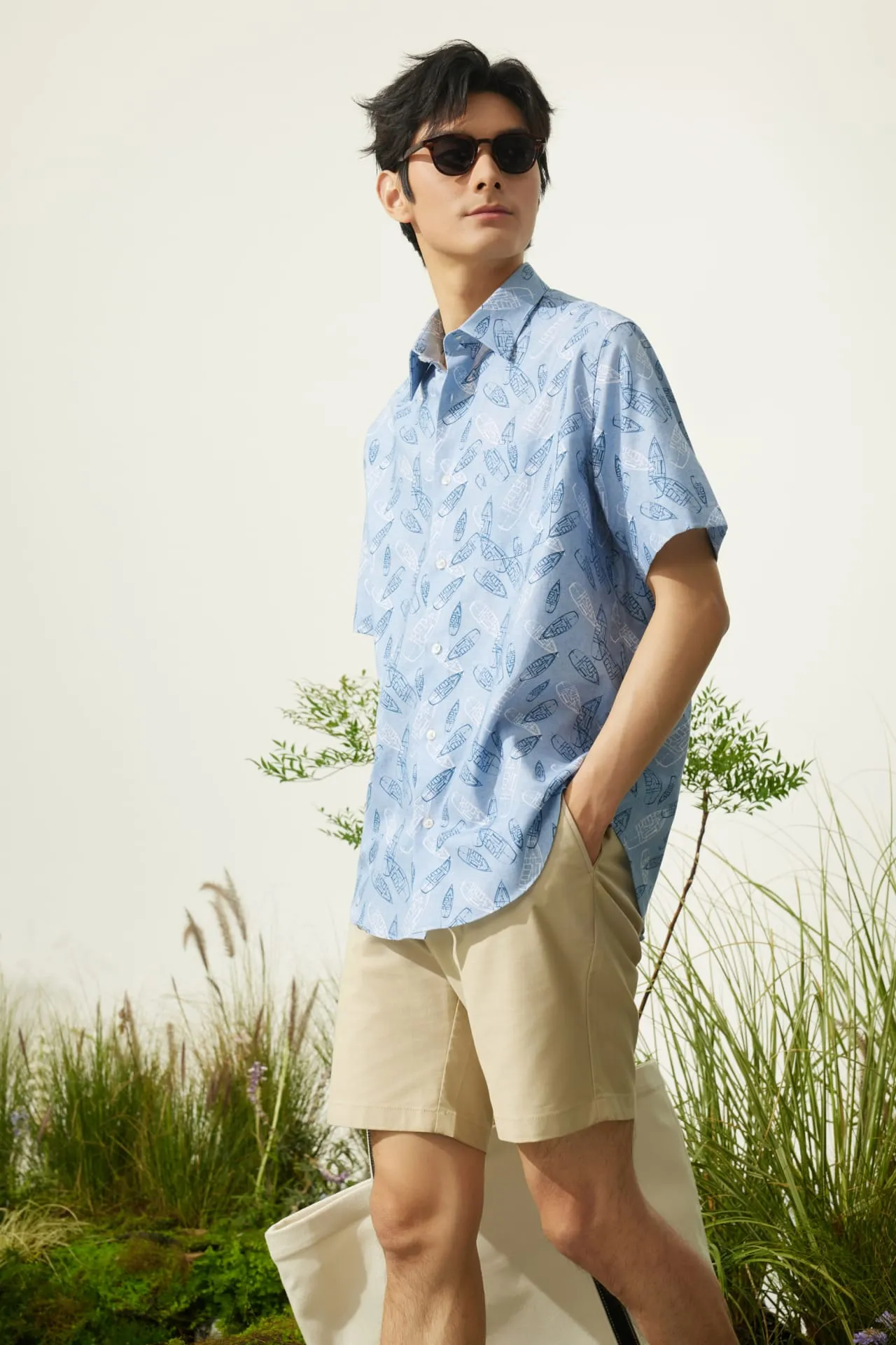 Cotton Oxford Boat Digital Print Comfort Fit Short Sleeve Casual Shirt
