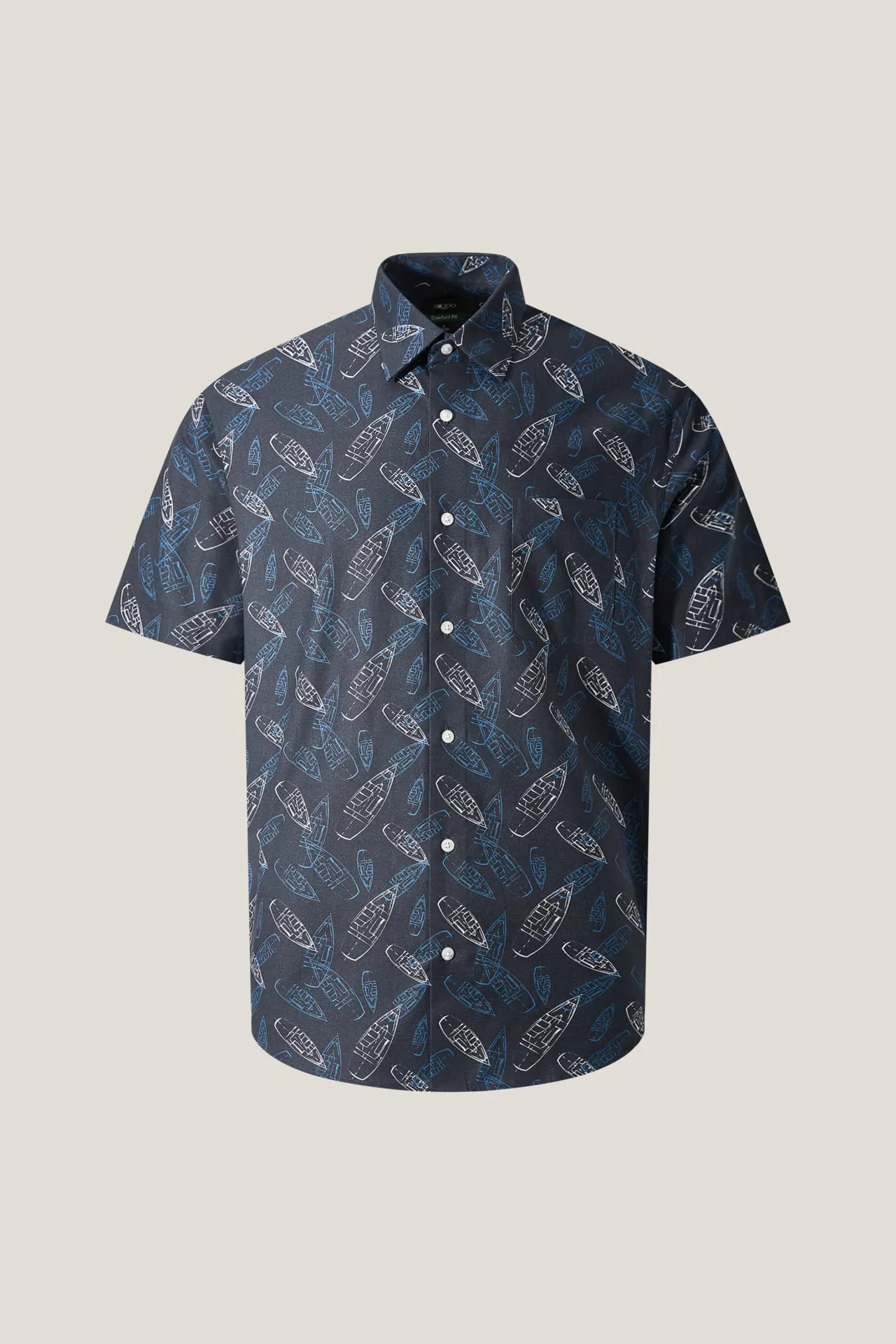 Cotton Oxford Boat Digital Print Comfort Fit Short Sleeve Casual Shirt