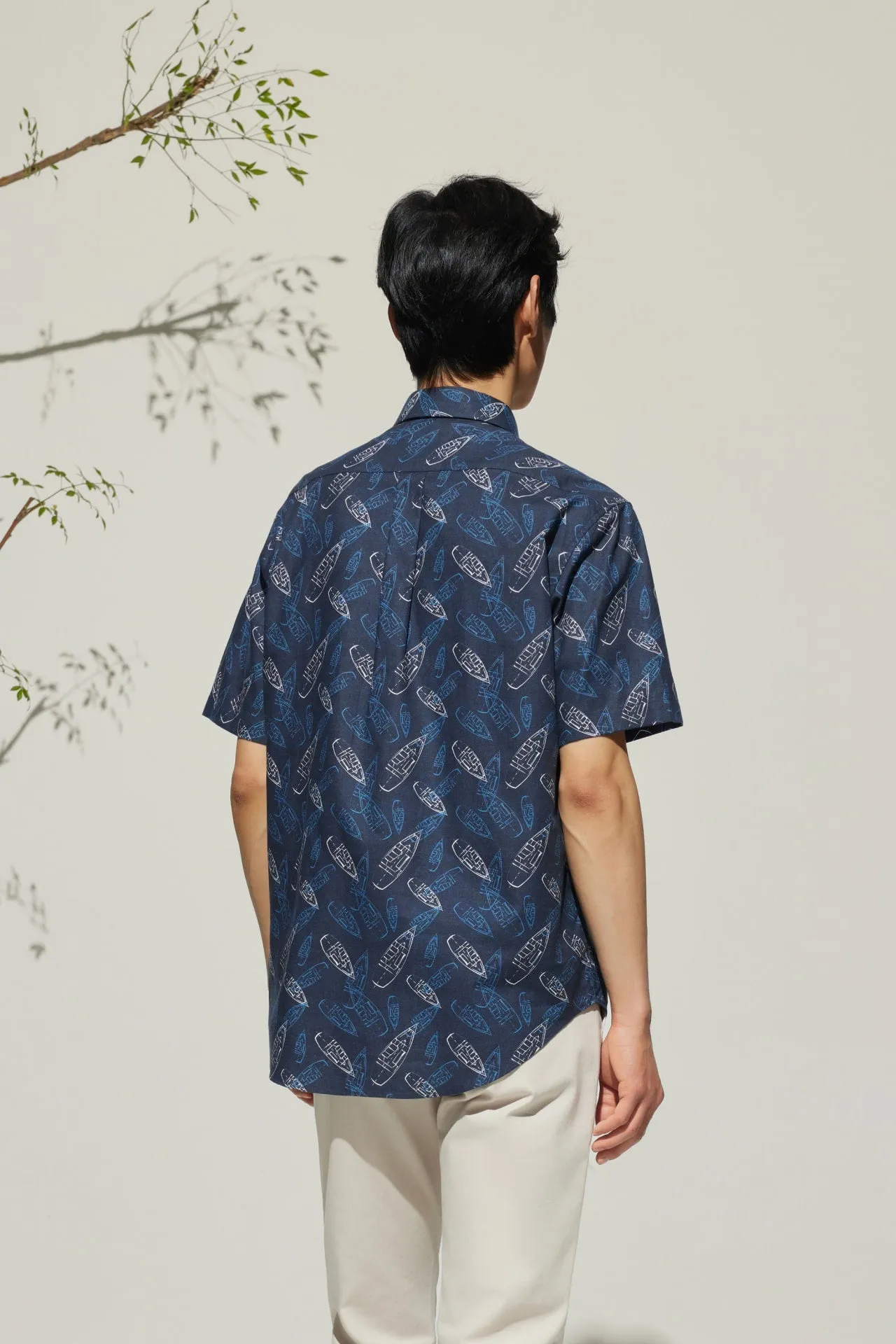Cotton Oxford Boat Digital Print Comfort Fit Short Sleeve Casual Shirt