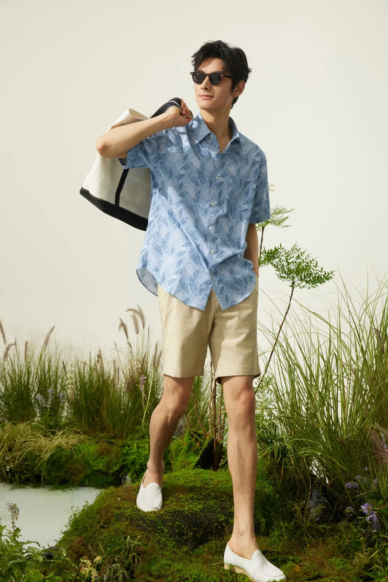 Cotton Oxford Boat Digital Print Comfort Fit Short Sleeve Casual Shirt