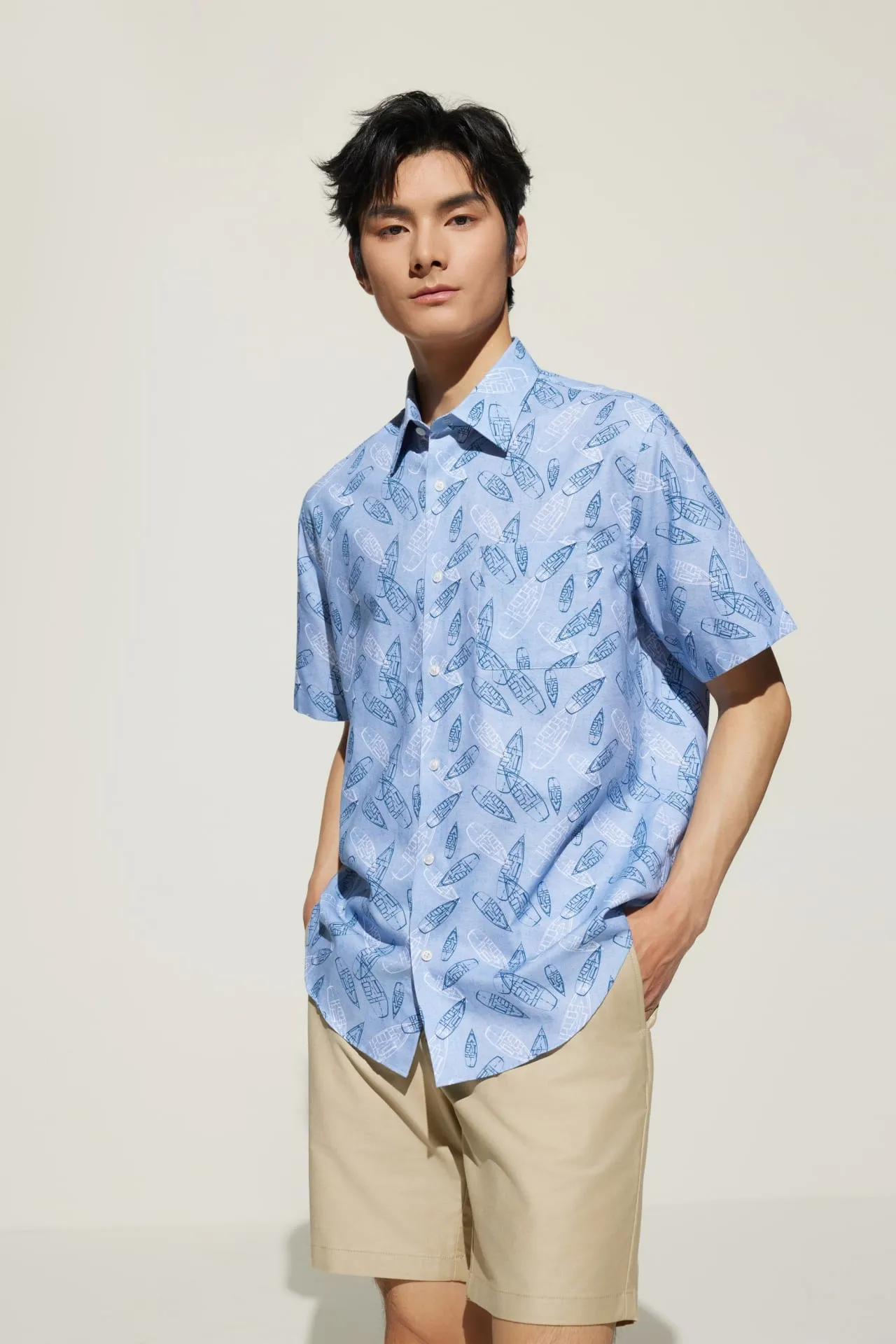 Cotton Oxford Boat Digital Print Comfort Fit Short Sleeve Casual Shirt