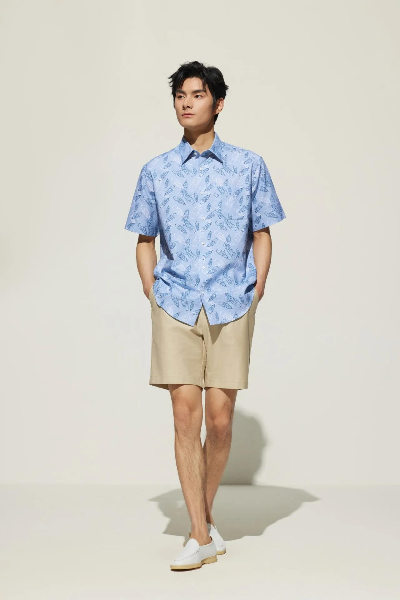 Cotton Oxford Boat Digital Print Comfort Fit Short Sleeve Casual Shirt