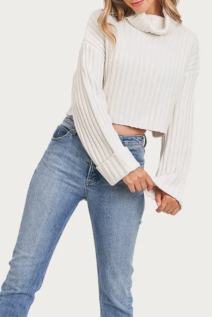 CROPPED RIBBED-KNIT TURTLENECK SWEATER