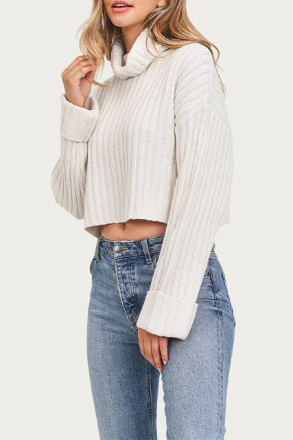 CROPPED RIBBED-KNIT TURTLENECK SWEATER