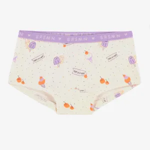 Culotte garçonne crème à motifs de friandises glacées, enfant || Cream boycut panties with ice cream all over print, child