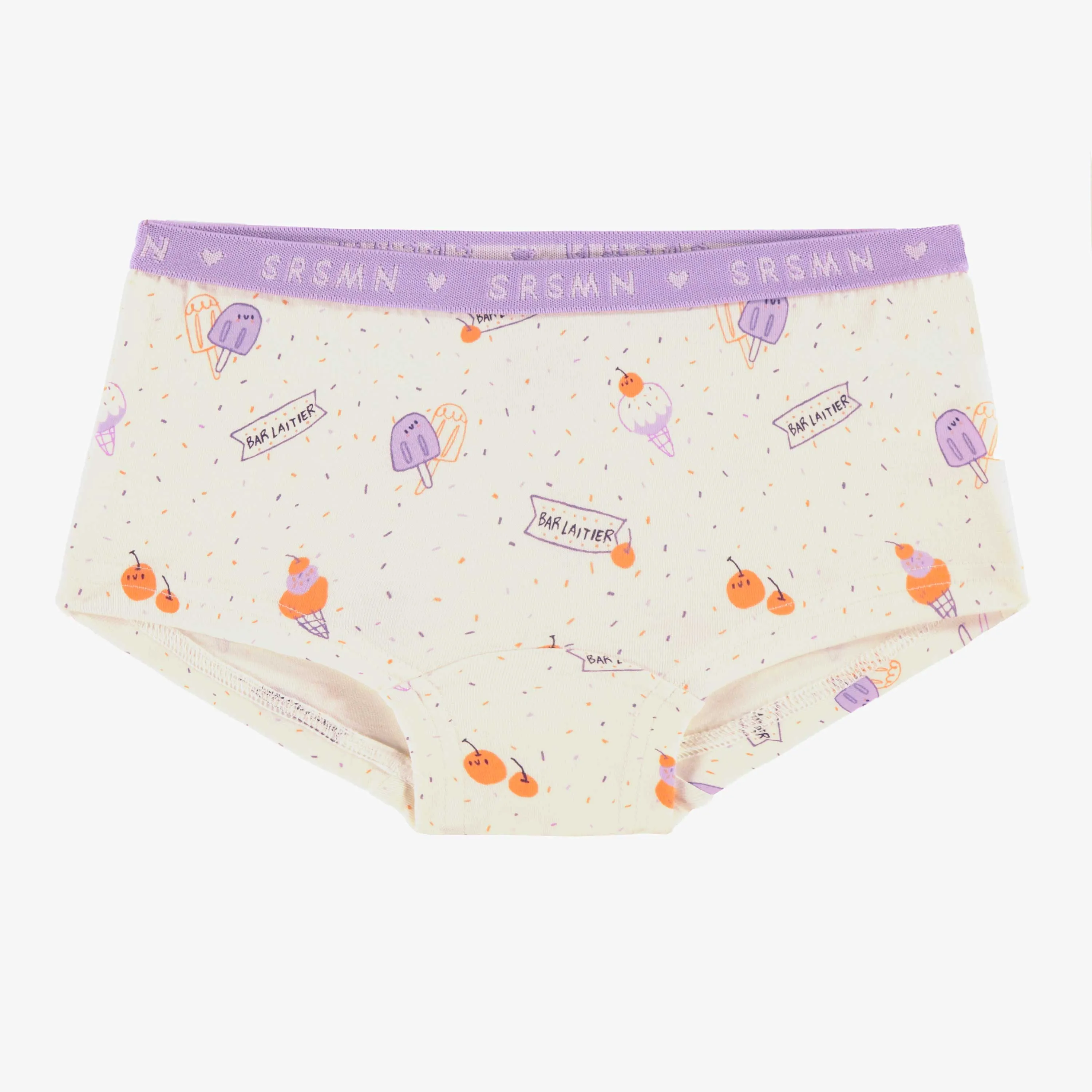 Culotte garçonne crème à motifs de friandises glacées, enfant || Cream boycut panties with ice cream all over print, child